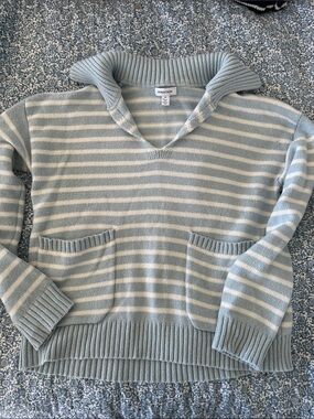Nordstrom Pale Blue and Cream Striped Shawl-Collar Sweater